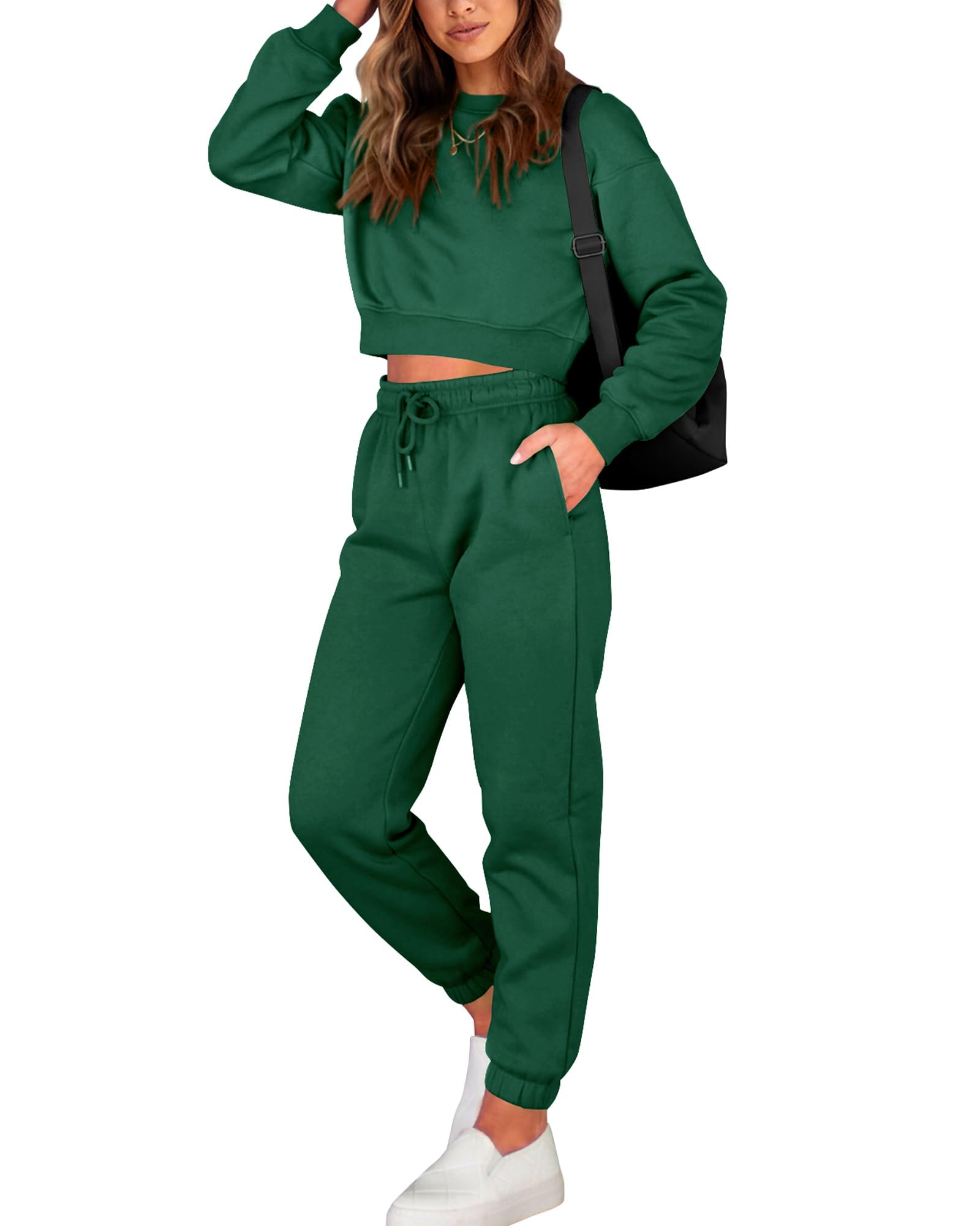 BTFBM Women 2 Piece Outfits Long Sleeve Crop Top Pullover Drawstring Pant Jogger Set Casual Sweatsuits Tracksuit Pockets