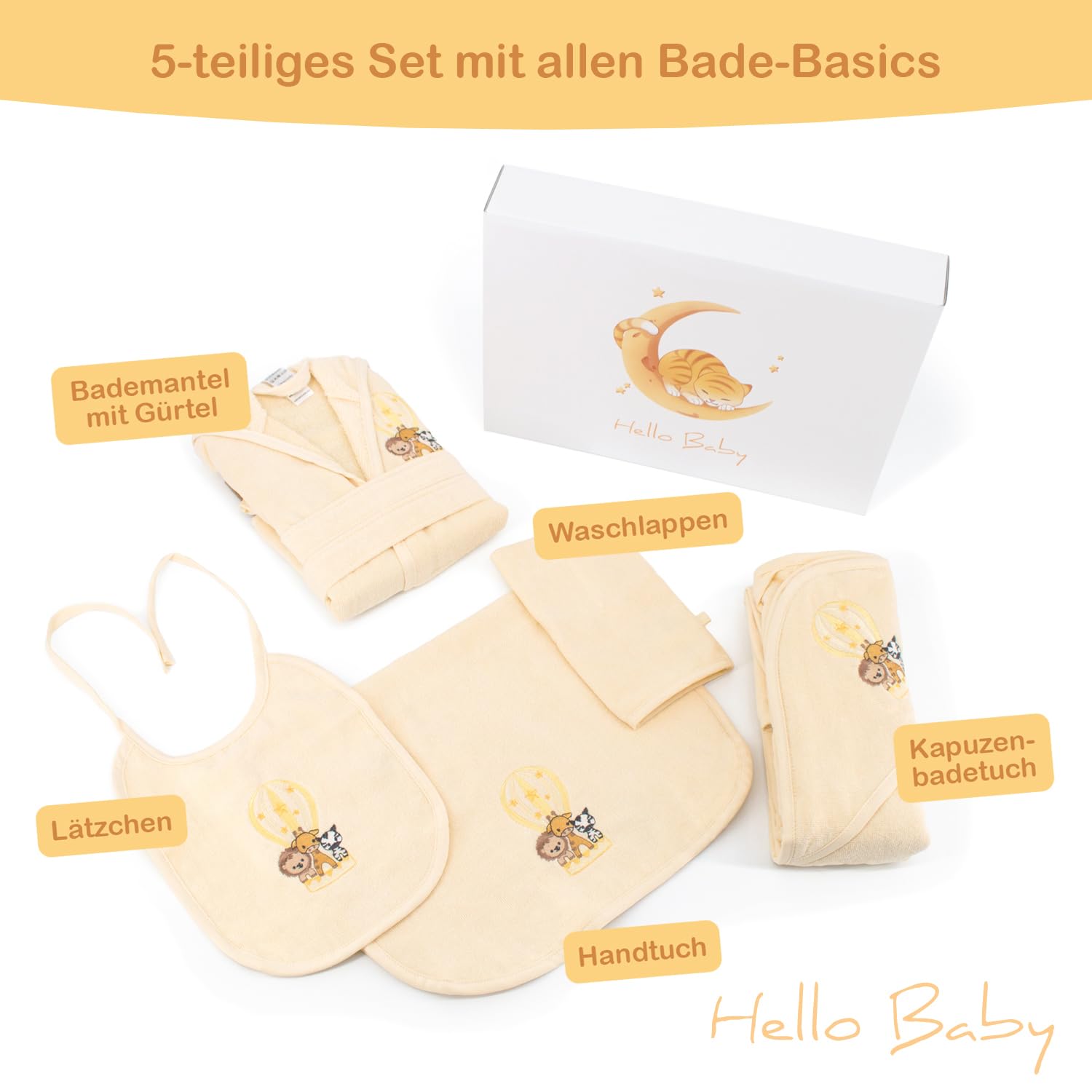 Celodoro Set regalo per bambini, 5 pezzi, confezione regalo con accappatoio, asciugamano con cappuccio, guanto da bagno, bavaglini, per bambini da 0 a 12 mesi