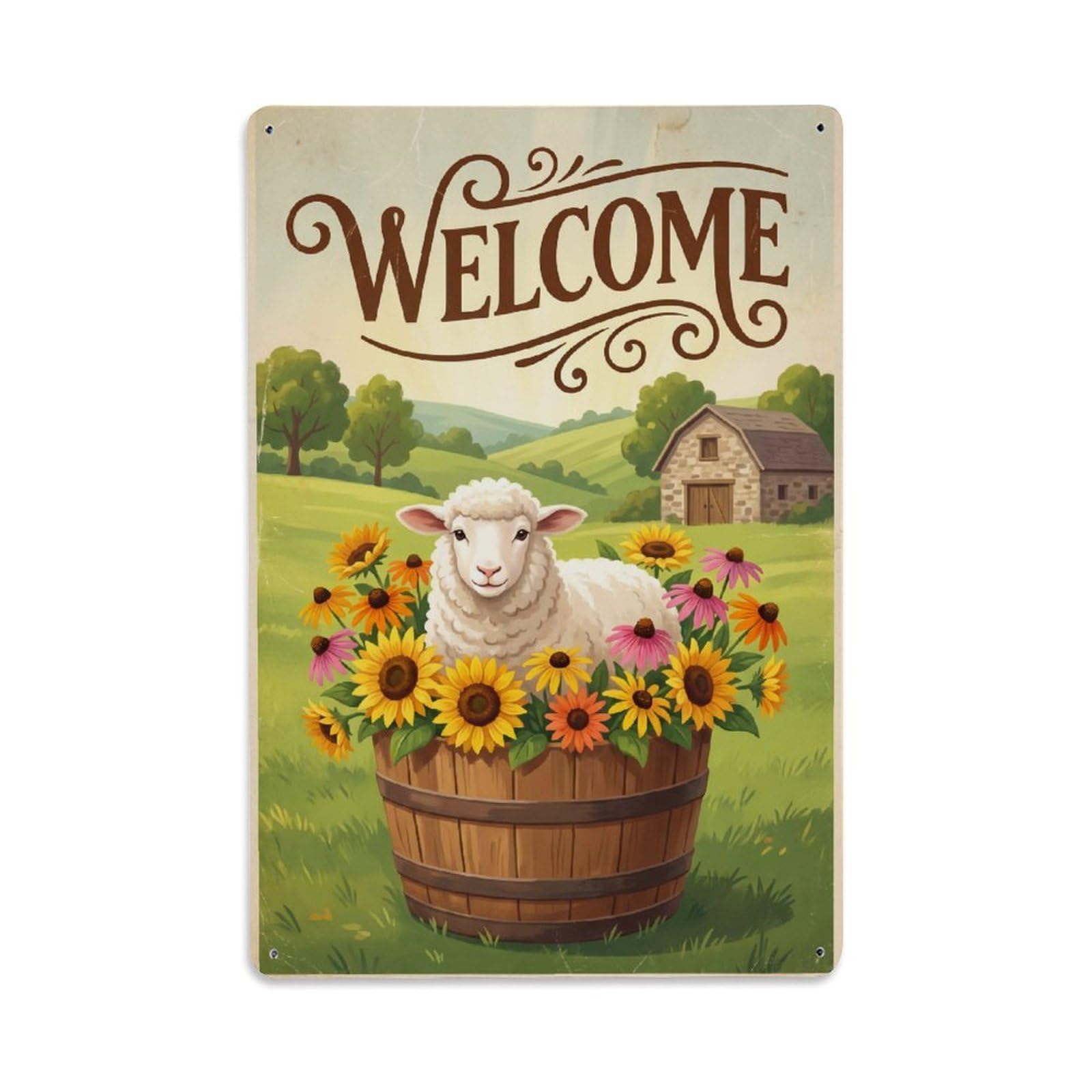 Cxhjca 8X12inch(20X30cm) Vintage Welcome Sheep Countryside Metal Tin Sign
