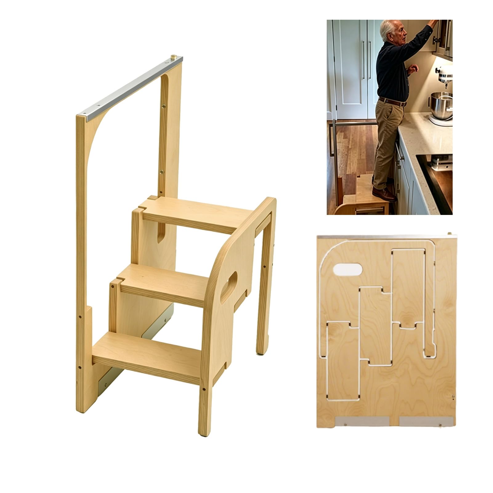 2 Step Lightweight Wooden Folding Stool Kitchen Narrow Slot Hidden Folding Stool, 440LBS Foldable Step Stool for Kitchen, Garage, Home (3 step)