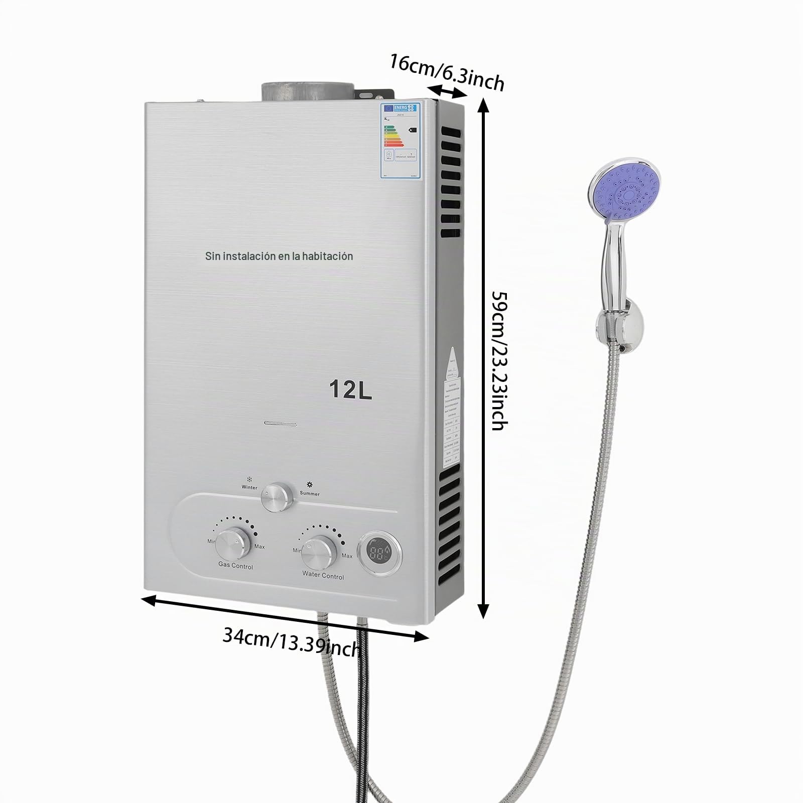 Calentador de agua de gas de 12 l, calentador de agua de gas LPG con cabezal de ducha, patrón de verano e invierno, protección múltiple para el hogar, camping