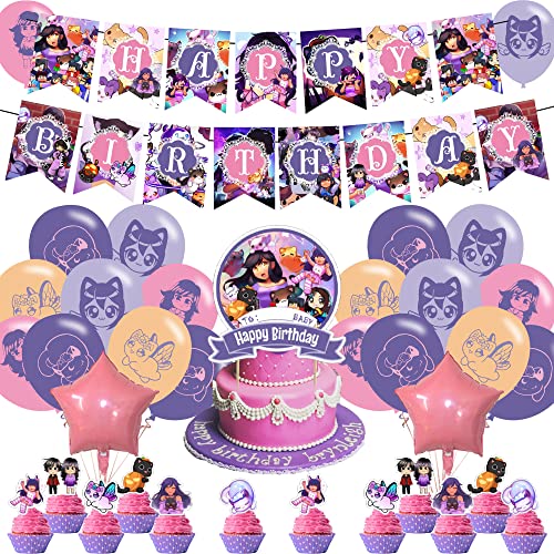 Aphmau Plüsch Katze Party Dekorationen, Geburtstag Party Supplies von Aphmau Plüsch Katze Party Zubehör enthalten Banner - Kuchenaufsätze - 12 Cupcake Topper - 18 Luftballons - 2 Folienballons Cover