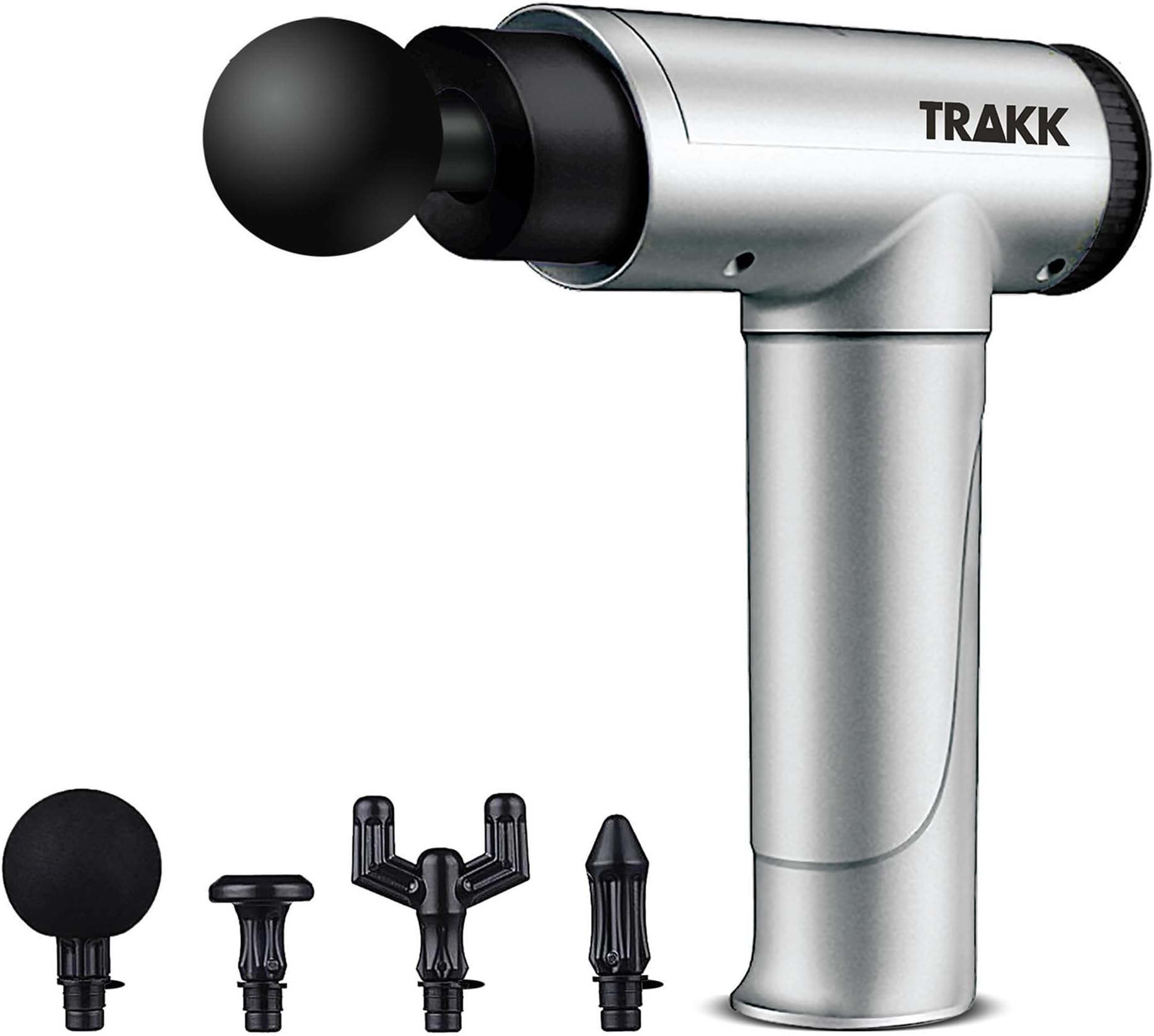 Deep Tissue Handheld Massage Gun with 4 Speeds, 4 Head Attachments, and Rechargeable Battery for Sore and Tense Muscle Relaxation, Silver