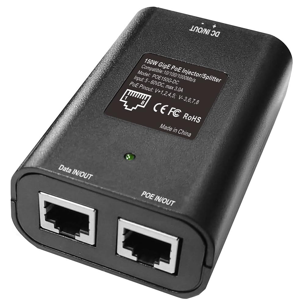 Gigabit DC PoE Injector | 12V 24V 48V (5-60V) DC Input | Max 3A 150W High Power 4 Pair Passive PoE Injector/Splitter, Compatible with Tycon Systems POE-INJ-1000-WT, POEINJ1000WT
