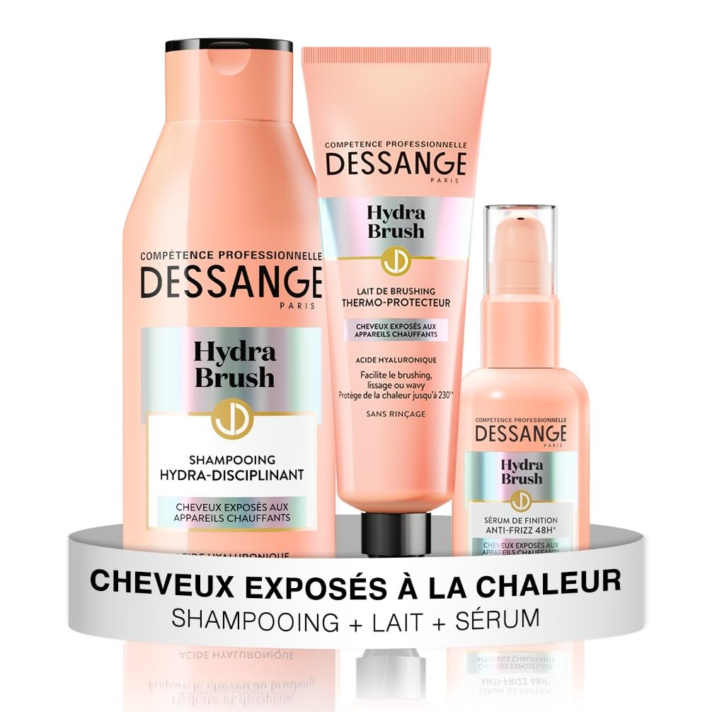 DESSANGE - Coffret Hydratant & Disciplinant Hydra-Brush - Shampoing Disciplinant + Lait de Brushing Thermoprotecteur + Sérum De Finition Anti-Frizz 48H* - Formule Enrichie À l'Acide Hyaluronique*