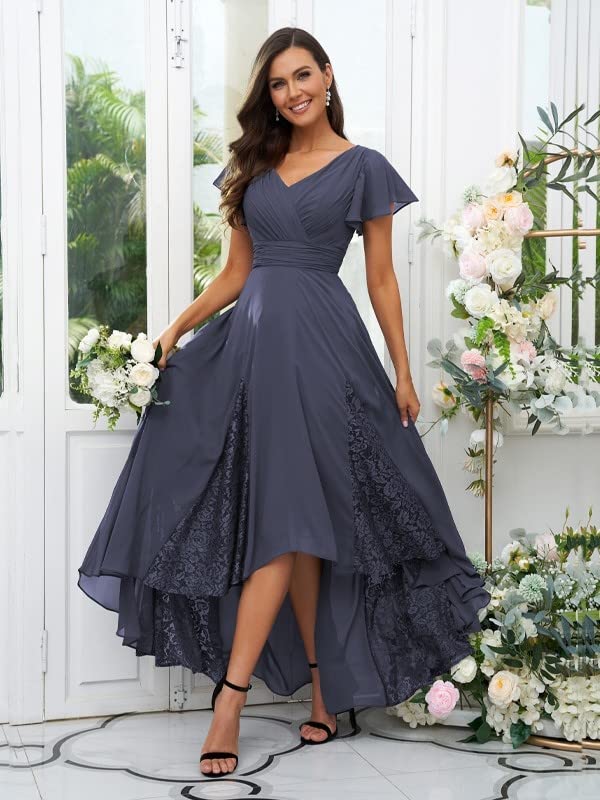 Tea Length Mother of The Bride Dresses Lace Chiffon Formal Dress with Sleeves4