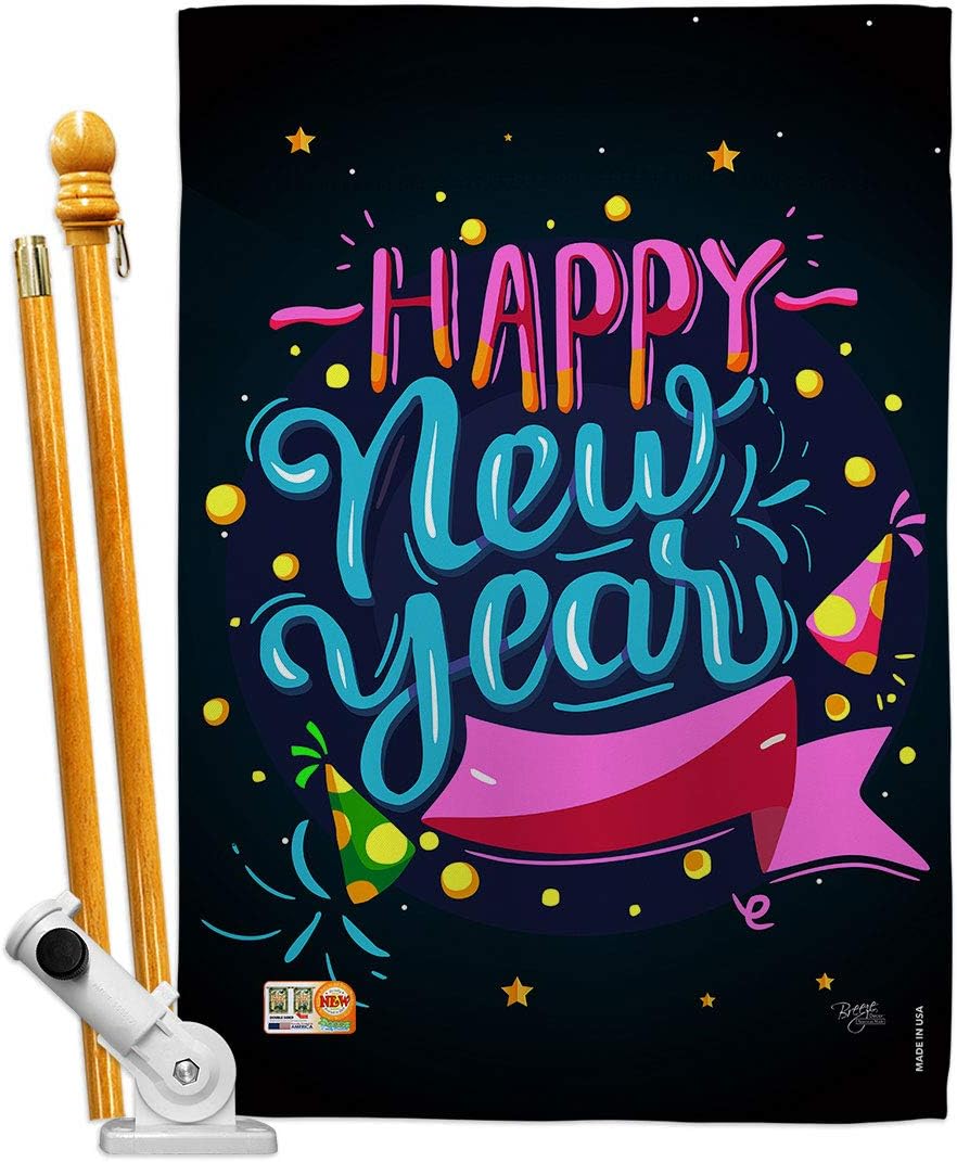 Popping Happy New Year House Flag Clock Countdown Champagne Party Fireworks Celebrate Small Decorative Gift Yard Banner Made In USA 28 X 40
