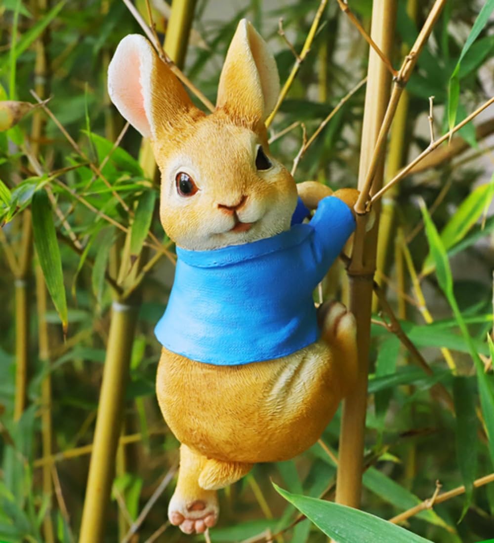 PEIQICHU Cute Rabbit Plants Pot Hanger Resin Easter Bunny Statue Flower Pot Planter Hanging Decorative Bunnies Wear Blue Cloth Sculptures Outdoor Garden Lawn Ornaments Home Office - Image 4