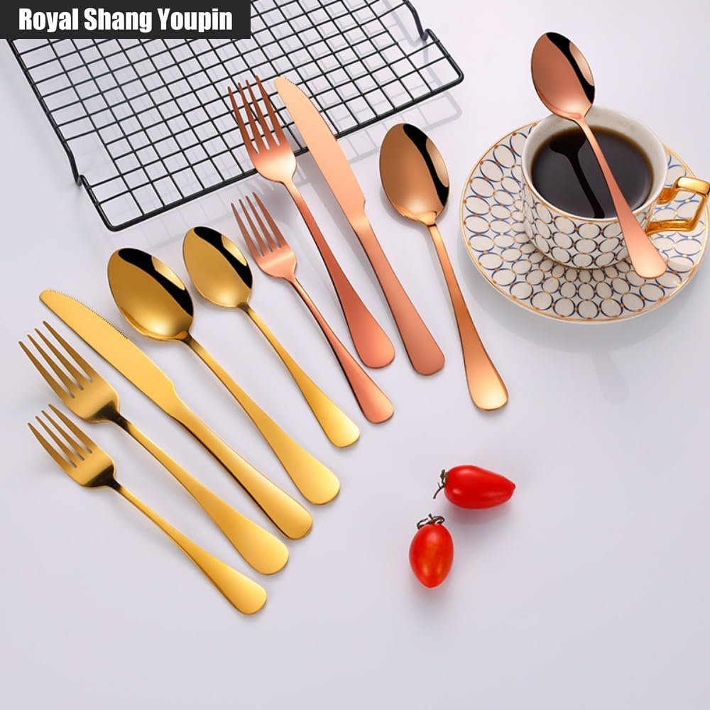 Moderno E Minimalista Allargamento Appiattimento Maniglia Cucina Acciaio Inossidabile Posate Stoviglie Posate Set Coltello Da Bistecca Forchetta Cucchiaio Cucchiaino (Oro bianco,20 pezzi)