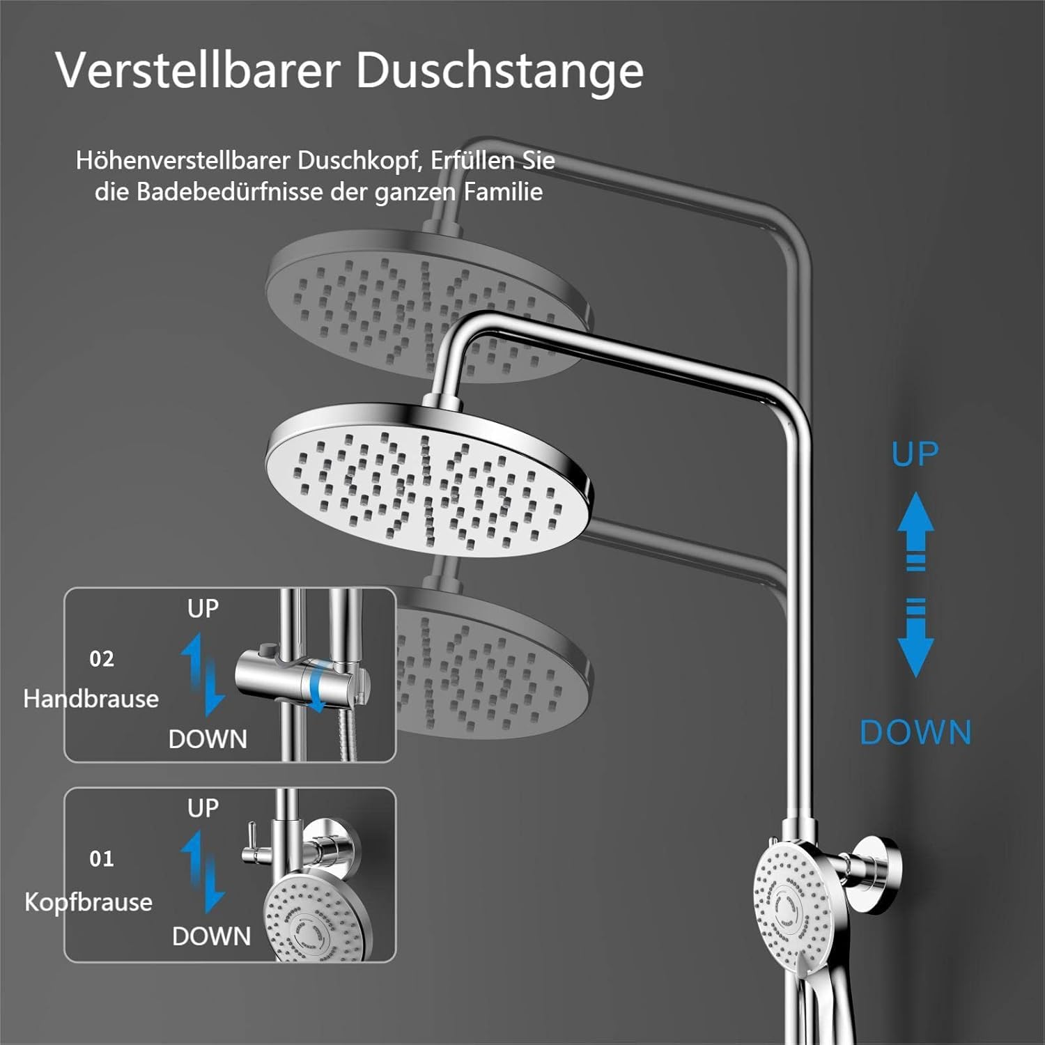 YOOZENA Duscharmatur Komplettset, Duschsystem（Duscharmatur mit Thermostat，Kopfbrause, Duschkopf mit Schlauch und Halterung）Regendusche mit armatur, Chrome