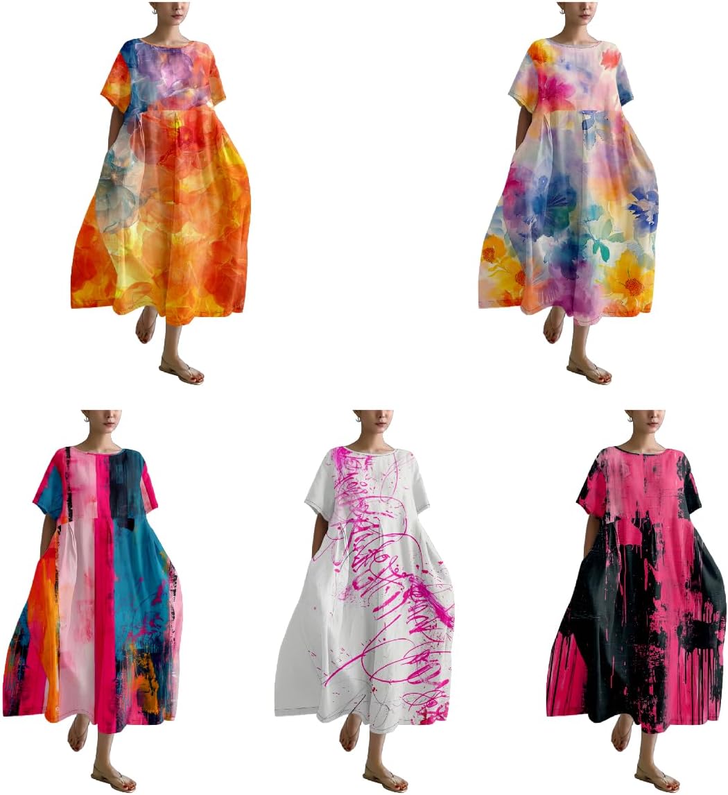 Summer Dresses for Women 2024 Maxi Oversized Fashion Crew Neck Short Sleeve Ladies Dresses Ruffle Hem Sundress - Image 4