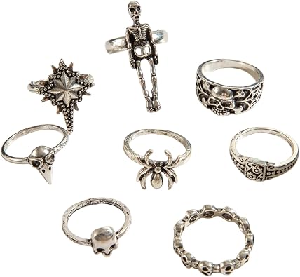 Gothic Animal Ring Set Punk Spider Snake Rings Vintage Red Black Gemstone Rose Ring Set Dark Skull Bat Rings Mysterious Victorian Halloween Jewelry for Women Men