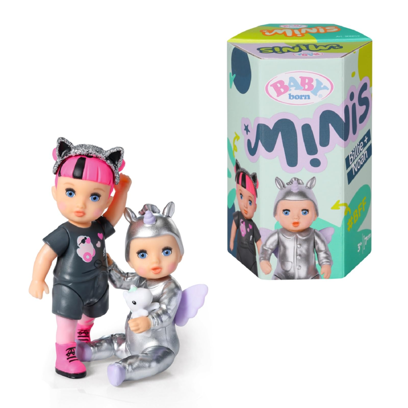 Minis Online Double Pack 4 Noah and Billie 906057 - 6.5cm Doll with Metallic Colour Outfit and 7cm Doll with Removeable Headband - Suitable for Kids From 3+ Years