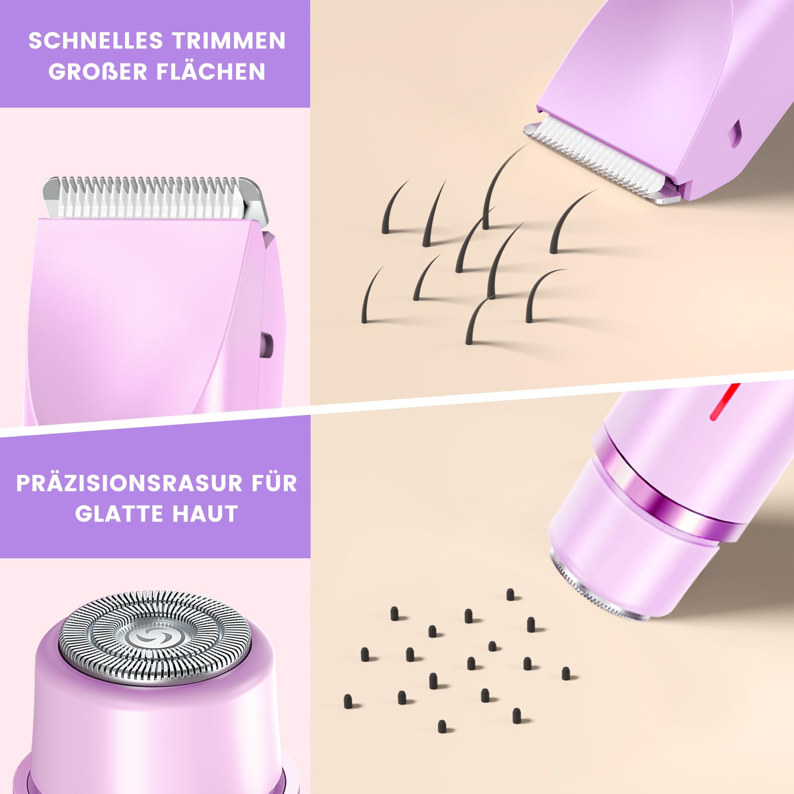 Rasoio da donna, 2 in 1, a doppia testa, con ricarica USB-C, rasoio elettrico da donna, per viso, gambe e braccia, bikini con testa di trimmer, facile da pulire (viola)
