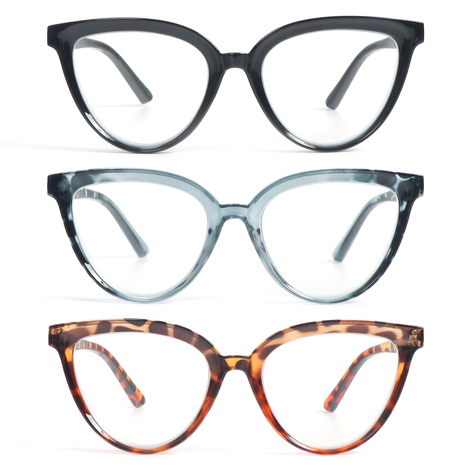 KoKoBin Cat Eye Reading Glasses for Women 3 Pack Stylish Design lue Light Blocking Spring Hinges Readers
