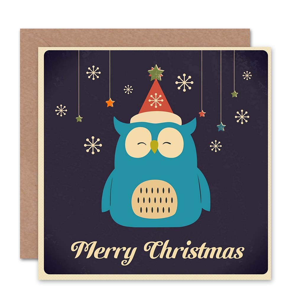 Wee Blue Coo MERRY CHRISTMAS CHRISTMAS OWL CARTOON SNOWFLAKES BLANK GREETINGS CARD