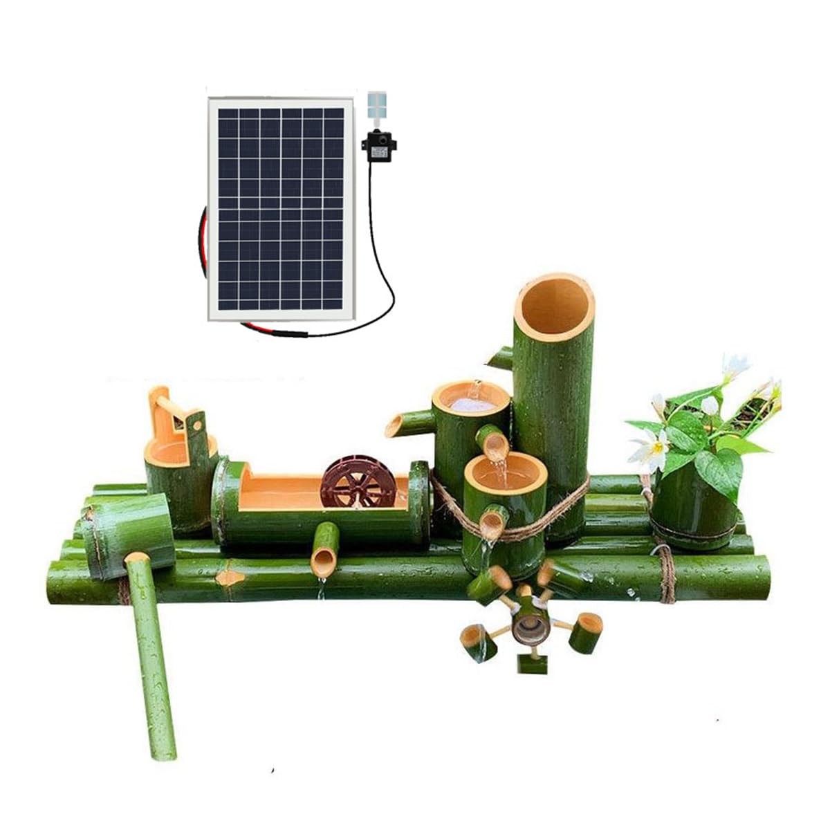 asdchZen Solar Bamboo Water Fountain, Zen Garden Decor Feng Shui Outdoor Garden Feature Decor With 12V Pump, 10W Solar Panel, Water Filter, 2M Water Tube, Japanese Garden Feature,55cm