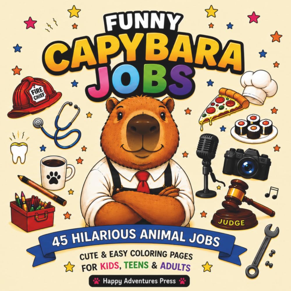 Funny Capybara Jobs Coloring Book: 45 Hilarious Animal Jobs to Color | Cute, Easy and Stress-Relieving Coloring Pages for Kids, Teens & Adults | Funny Capybara Gift