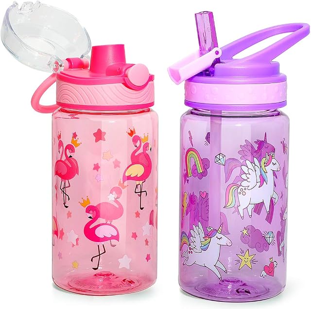 Home Tune Kids Water Drinking Bottle (470ml)- Tritan BPA Free, Auto Flip Chug Lid, Sip Straw Lid, Carry Loop, Lightweight, Leak-Proof Water Bottle Cute Design Girls & Boys - 2 Pack Unicorn & Flamingo