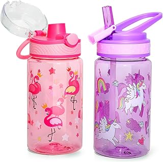 Home Tune 16oz Kids Water Drinking Bottle - Tritan BPA Free, Auto Flip Chug Lid, Sip Straw Lid, Wide Mouth, Carry Loop, Lightweight, Leak-Proof Water Bottle with Cute Design for Girls & Boys - 2 Pack