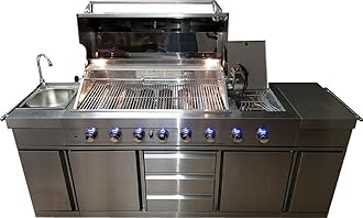 3 in 1 Stainless Steel Outdoor BBQ Kitchen Island Grill Propane LPG w/ Sink, Side Burner, LED Lights, and Canvas Cover