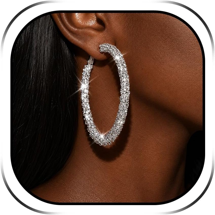 Rhinestone Hoop Earrings for Women Big Large Hoop Earrings Silver Gold Sparkly Bling Big Hoops Earring Statement Jewelry Party Prom Dresses 2026 Prom Wedding Party Chunky Jewelry