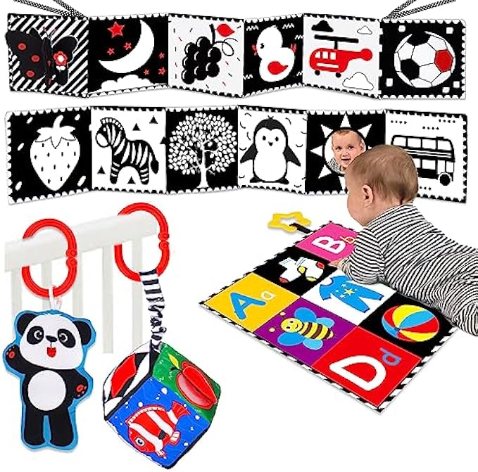 4 PCS Black and White High Contrast Baby Toys 0-3-6 Months Newborn Essential Montessori Toys for Babies Crinkle Sensory Book for Brain Development Tummy Time Mirror Infant Carseat Rattle 9 Month Gift