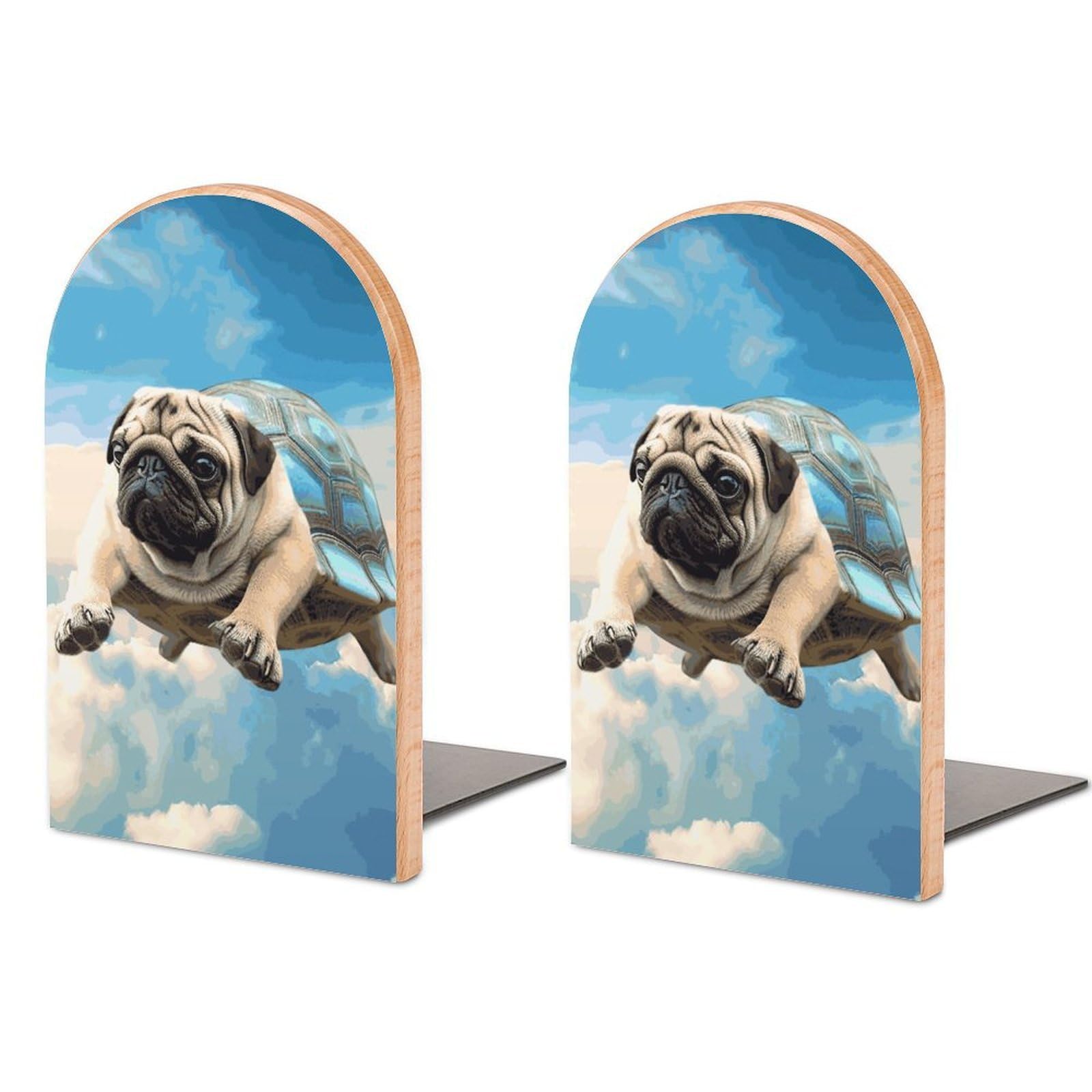 Funny Turtle Pug Dog in The Sky Bookend Modern Bookends for Shelves Non-Skid Book Holder Heavy Duty Metal Book Storage for Books CDs Decorative Book Stopper for Home