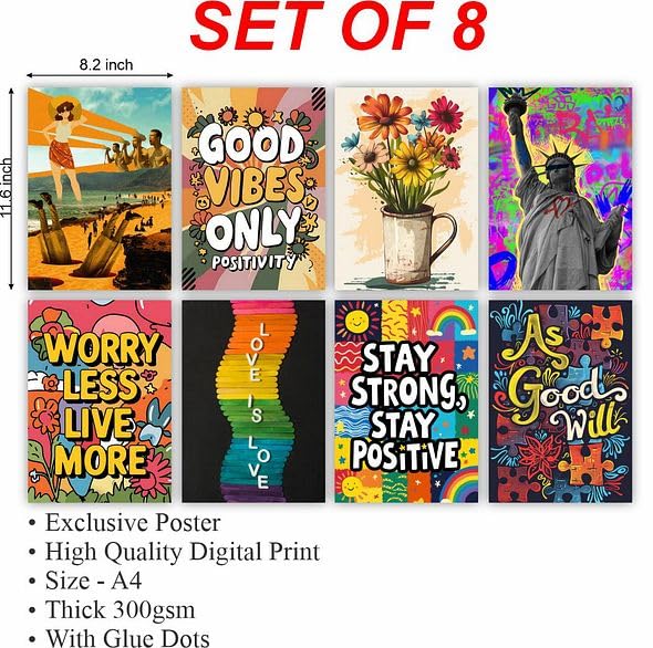 Image of CVANU Aesthetic Beautiful & Positive Quote Picture Printed 8pcs Wall Art Collage Kit Posters With Glue Dot Tape for Living Room| Office| Bedroom| Office| Walls Decorative Item (8.2inch X 11.6inch) 373