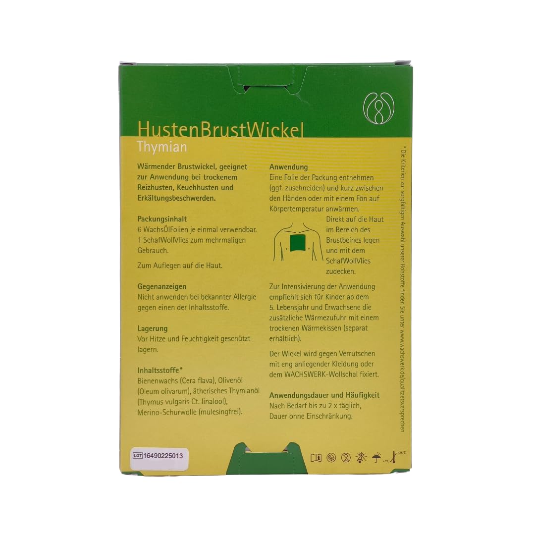 Husten Brust Wickel Thymian Wachswerk 1x 6 Stk. I Wärmewickel mit lindernder Wärme für Brust & Atemwege I Für Babys, Kinder & Erwachsene I inkl. Wollvlies I Spar-Set plus Pharma Perle give-away