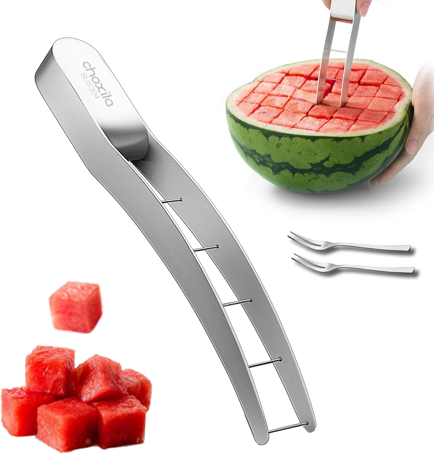 Watermelon Slicer Choxila,Stainless Steel Watermelon Cutter Cool Watermelon Knife Fun Watermelon Cutting Tool with 2PCS Forks
