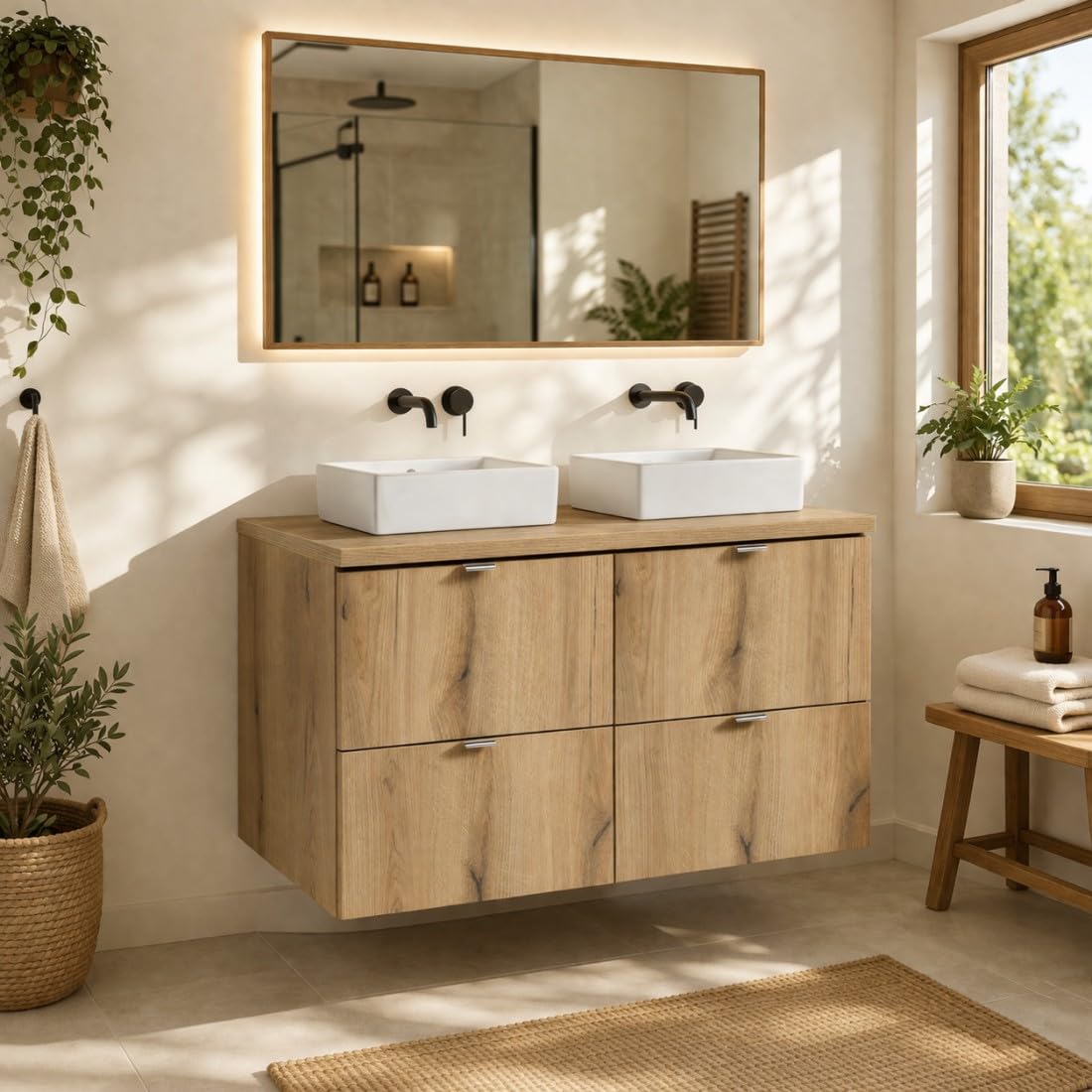 VANO - Juego colgante con diseño de roble (100 cm), diseño de lavabo y lavabos rectangulares