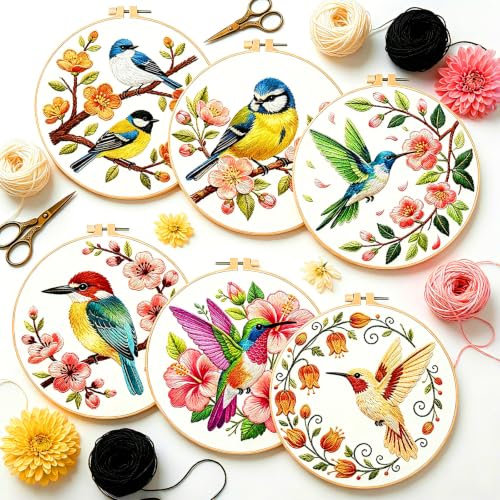 Image of BEUNITONE 6 Set Embroidery Kit for Beginner Adults, Hummingbird & Flower Cross Stitch Set with Stamped Pattern Hoops Threads Cloth Needles, Embroidery Starter Kit for Home Decoration and Gifting