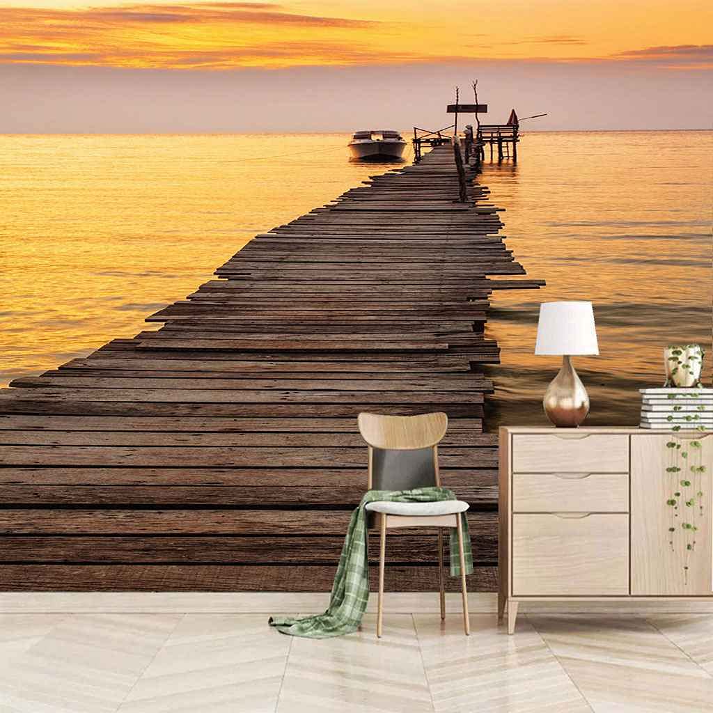 Papier Peint 3D Paysage de Mer Coucher du Soleil Salon Décoration