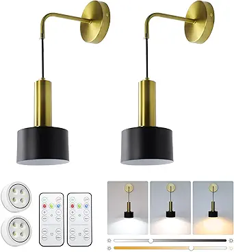 KELUOLY Battery Operated Wall Sconces Set of 2, Modern Wall Lights Fixtures,Black dimmable Wall lamp with Memory Function, with Remote Control Apply to Living Room, Bedroom, Corridor Stairs