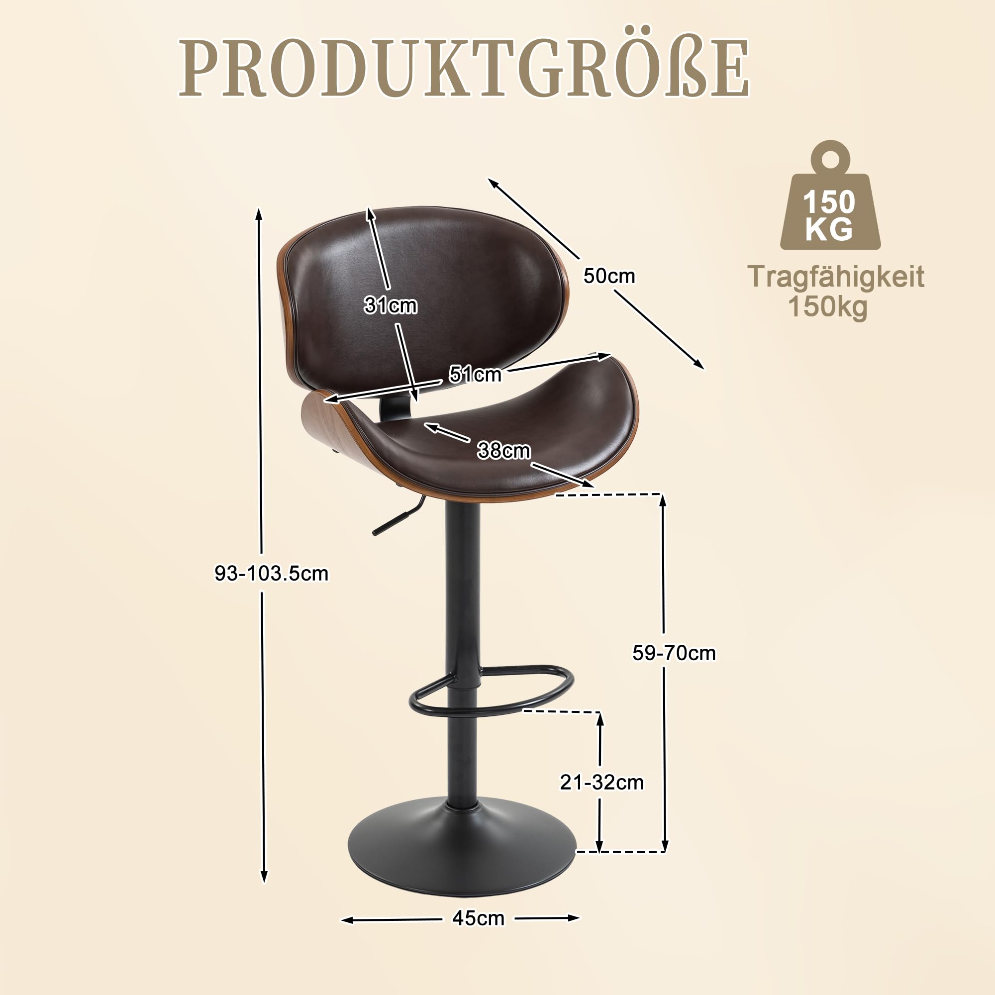 REXO Juego de 2 taburetes giratorios de barra de madera curvada de piel sintética, respaldo ergonómico y reposapiés para bar y isla de cocina, color marrón