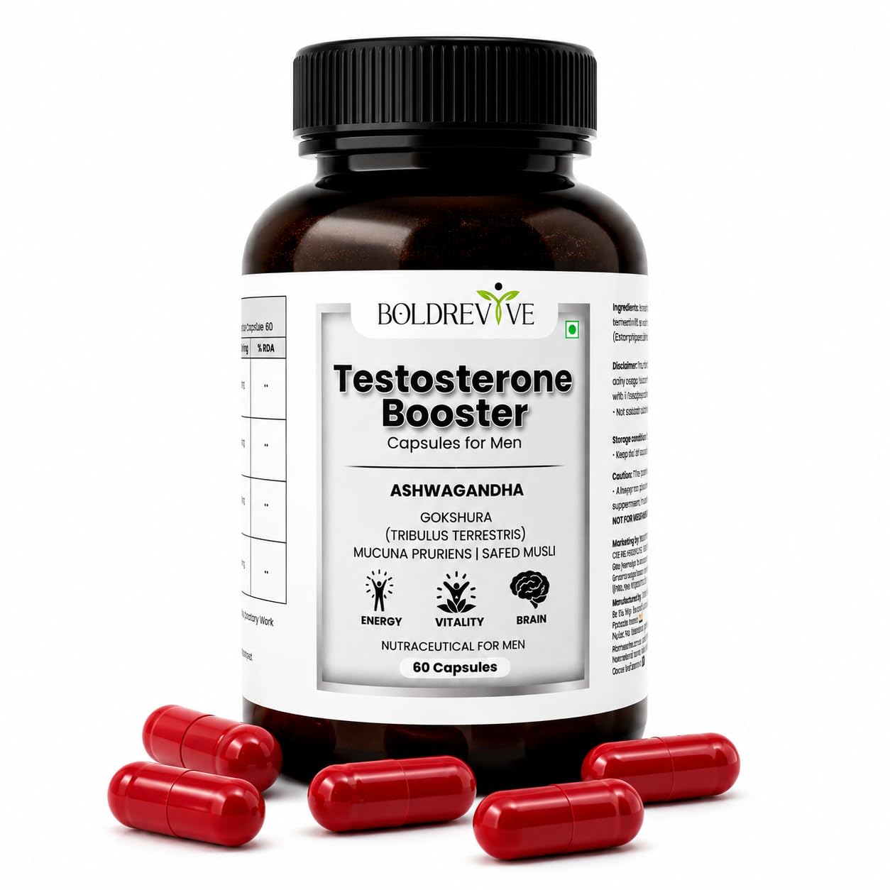 Testosterone Booster Capsules for Men | Ashwagandha Gokshura Kaunch Beej Safed Musli | Supports Energy Stamina Strength Performance & Vitality | 60 Capsules