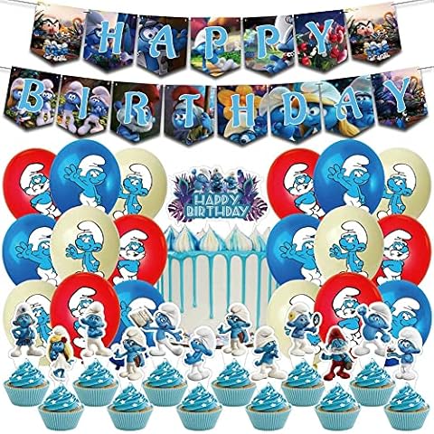 The Smurfs Birthday Decorations, 32 pcs The Smurfs Birthday Party Supplies, The Smurfs Balloons, Happy Birthday Banners, The Smurfs Cake Decoration, for Kids Decoration Themed Party Birthday Supplies Cover