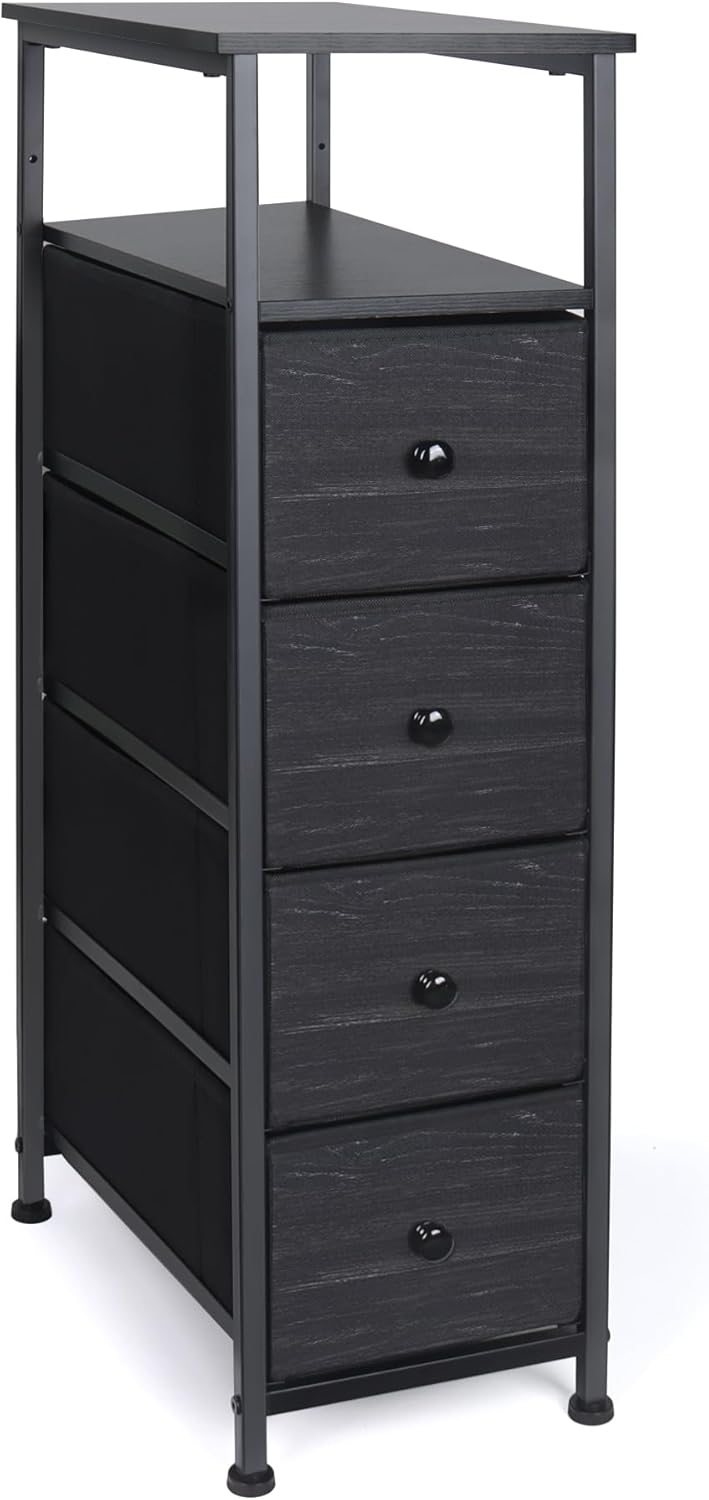 Narrow Dresser for Bedroom, Fabric Tall Dresser & Chests of Drawers with 4 Drawers, Vertical Organizer Storage Tower Unit for Bedroom, Hallway, Entryway Black Wood Grain Black Wood Grain Print