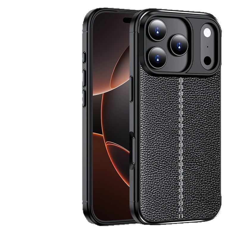 Coque iPhone 16 Pro Max rigide en silicone noir motif cuir