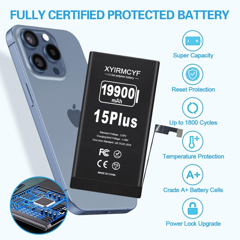 XYIRMCYF 19900mAh Super Capacity Battery Compatible with iPhone 15 Plus, 0 Cycle Li-Polymer Replacement Battery for iPhone 15 Plus, with Professional Repair Tool Kit