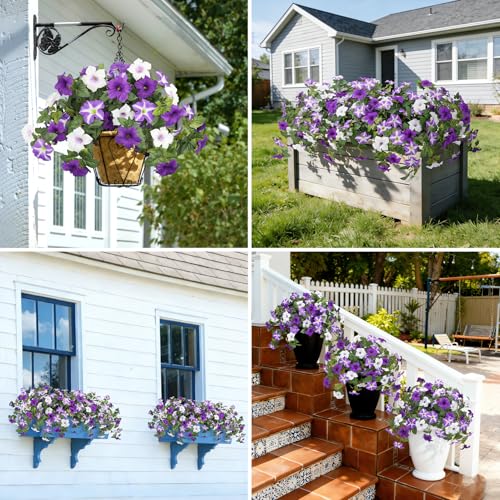 Image of Bassion Artificial Flowers for Outdoors, 2 Pcs Fake Petunia Flowers, Purple | UV resistant, silk flowers, realistic morning glory faux plants, porch garden home planters outdoor decoration