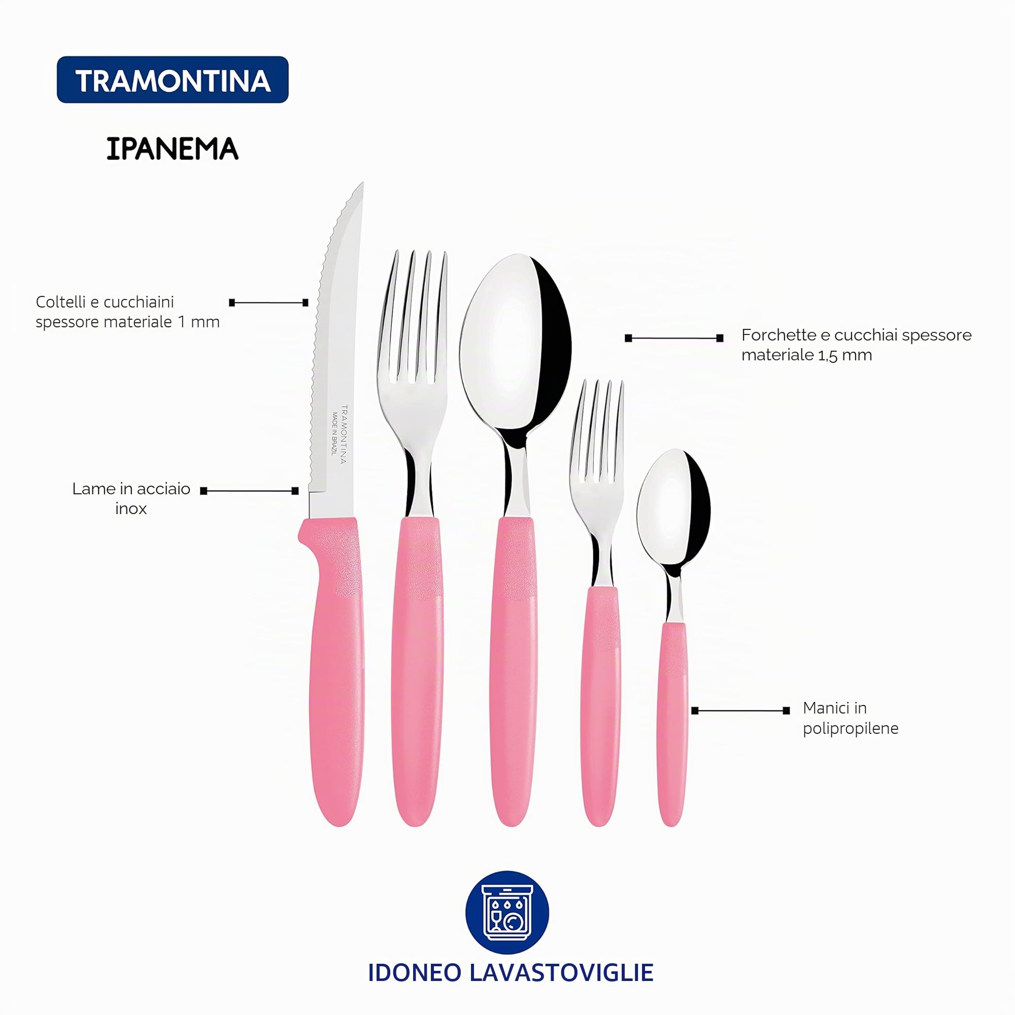 Set di posate Tramontina Ipanema da 30 pezzi con lame in acciaio inossidabile e manici in polipropilene rosa e pentola in plastica
