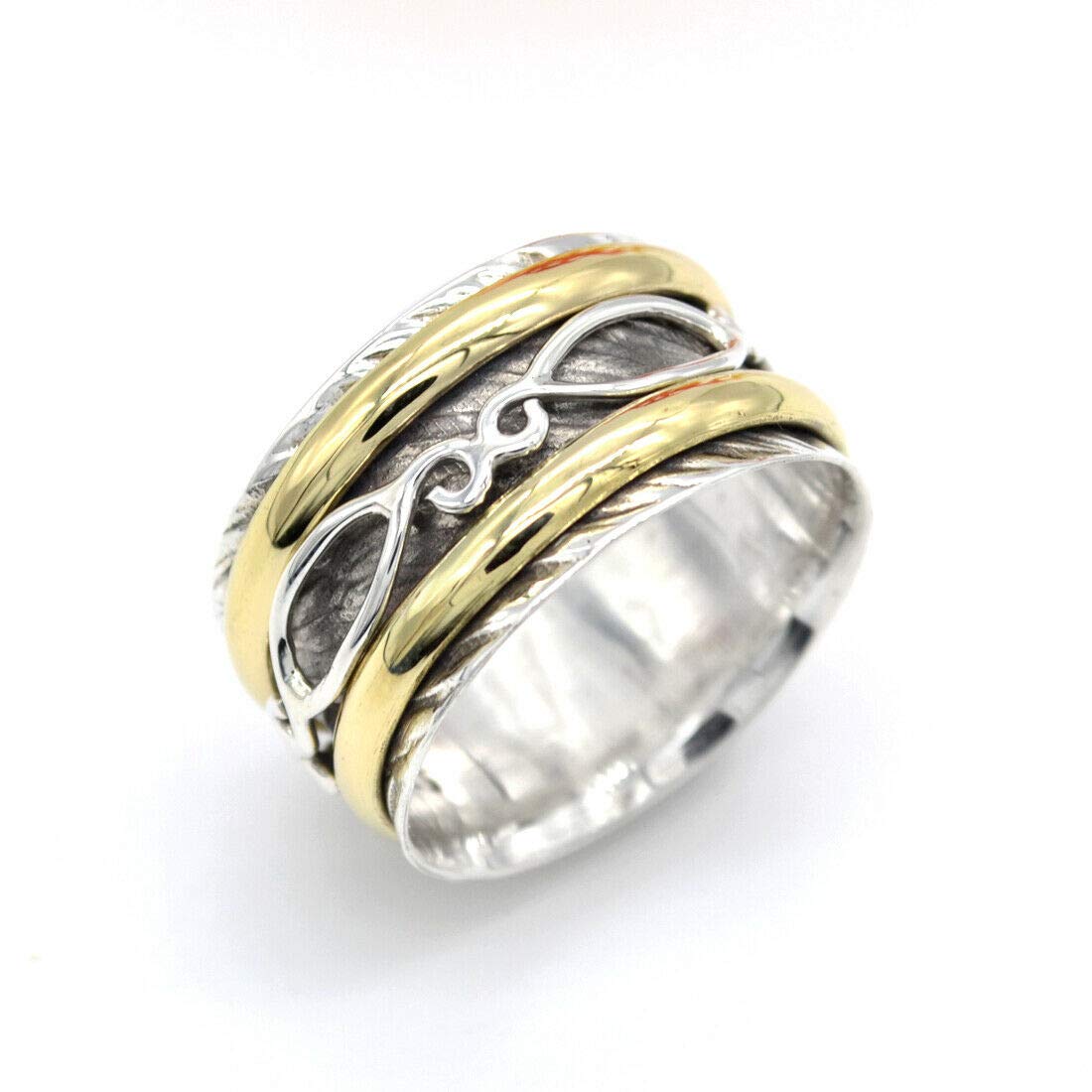 DESIGN HUB Spinner Silver-Spinner Ring,Solid 925 Sterling Silver Two Tone Meditation Fidget Handmade Silver Brass Meditation Spinner Gift Ring