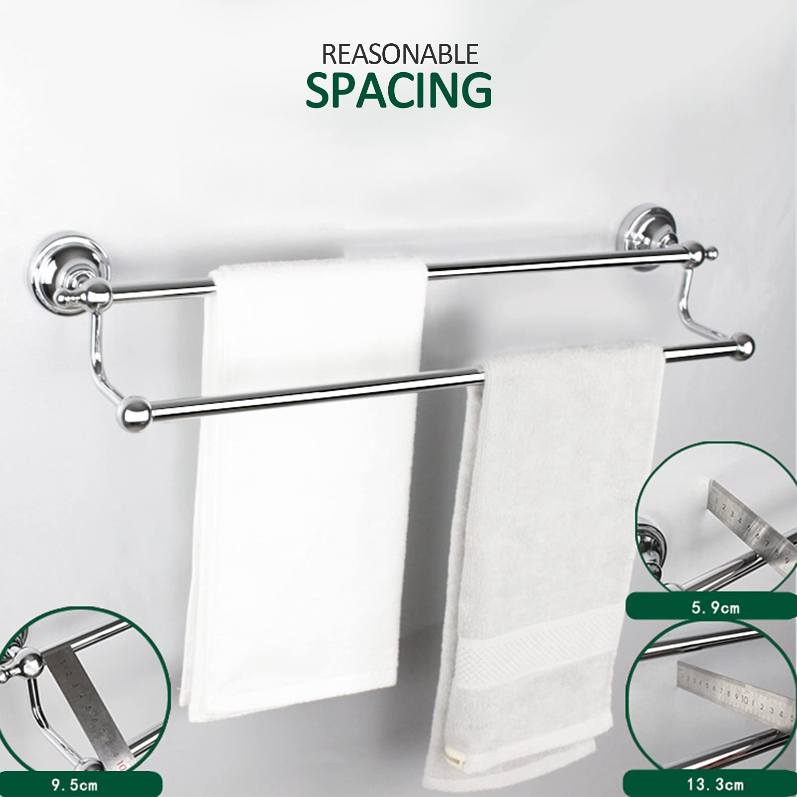 Sustowel Portasciugamani Doppio Portasciugamani Finitura Argento Lucido, Appendiabiti A Parete per Bagno E Cucina - 45Cm/60Cm/75Cm Rotondo/45Cm