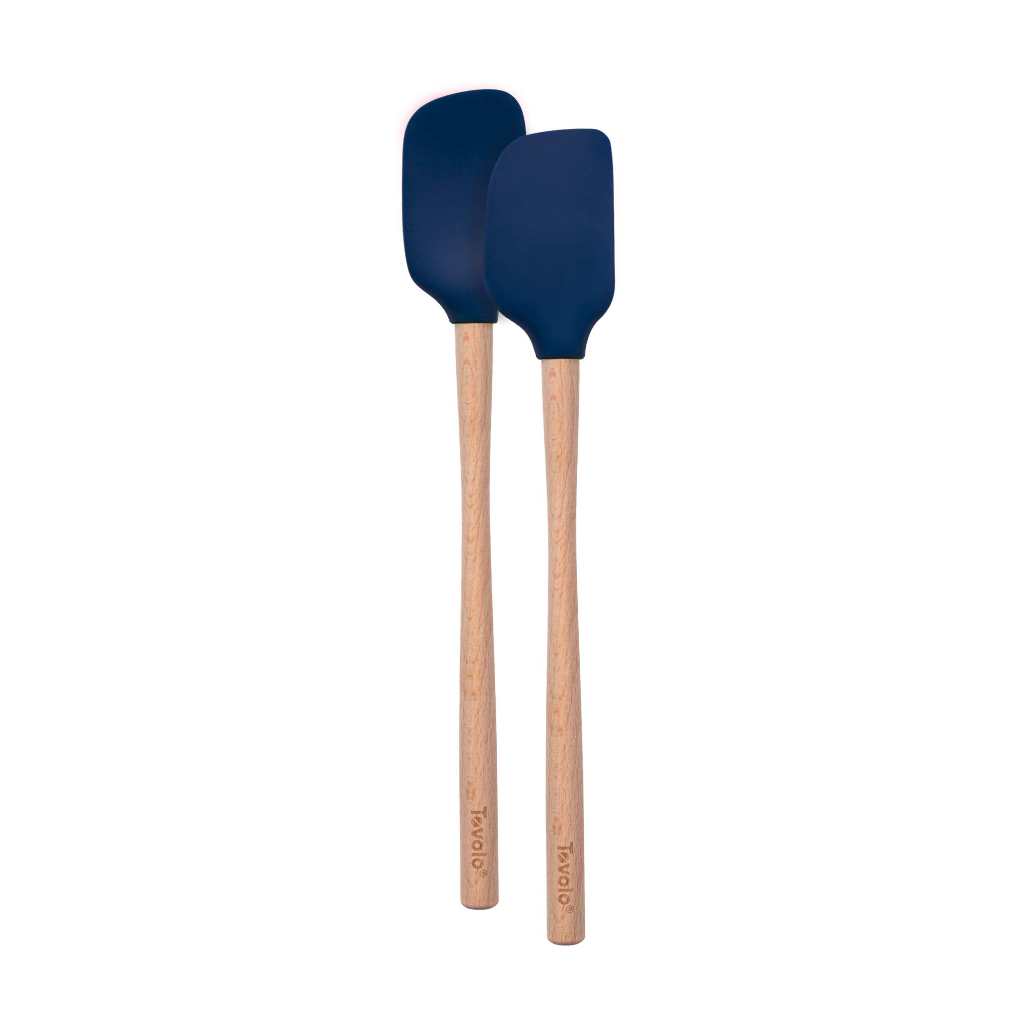Tovolo Flex-Core Wood-Handled Mini Kitchen Utensil Set of 2, Heat-Resistant & BPA-Free Silicone Spatula & Spoonula Heads, Safe for Cast Iron & Non-Stick Cookware, Deep Indigo