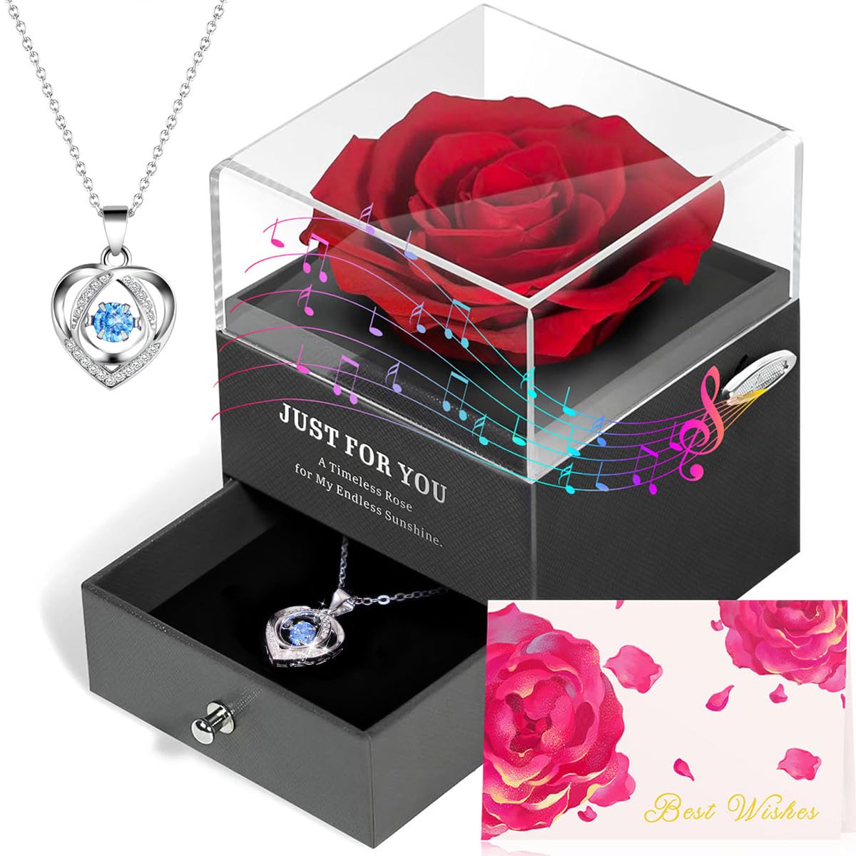 ADDWel Regalos Originales para Mujer Día de la Madre y el Sant Jordi, Rosa Eterna Natural Preservada con Collar en Caja de Música, Regalo Romántico para Novia, Esposa o Mamá Cumpleaños o Aniversario