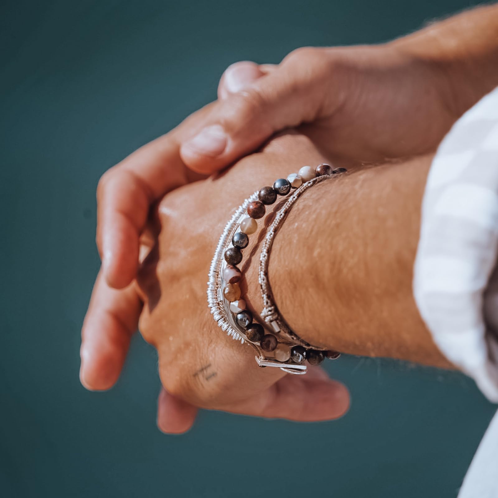 Nato Cuff - Bransoletka Wrap Toggle ze srebra próby 925 - kamienie naturalne - Paracord, biżuteria dla mężczyzn lub kobiet, ręcznie robiona we Francji, Moyenne, Srebro, Ametyst