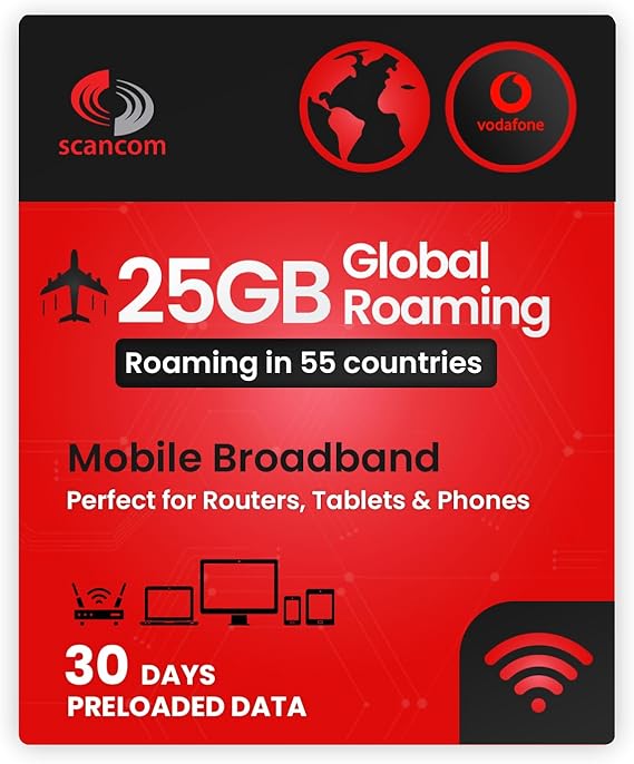25GB Global Roaming Vodafone Data Sim Card - Tourist SIM or eSIM