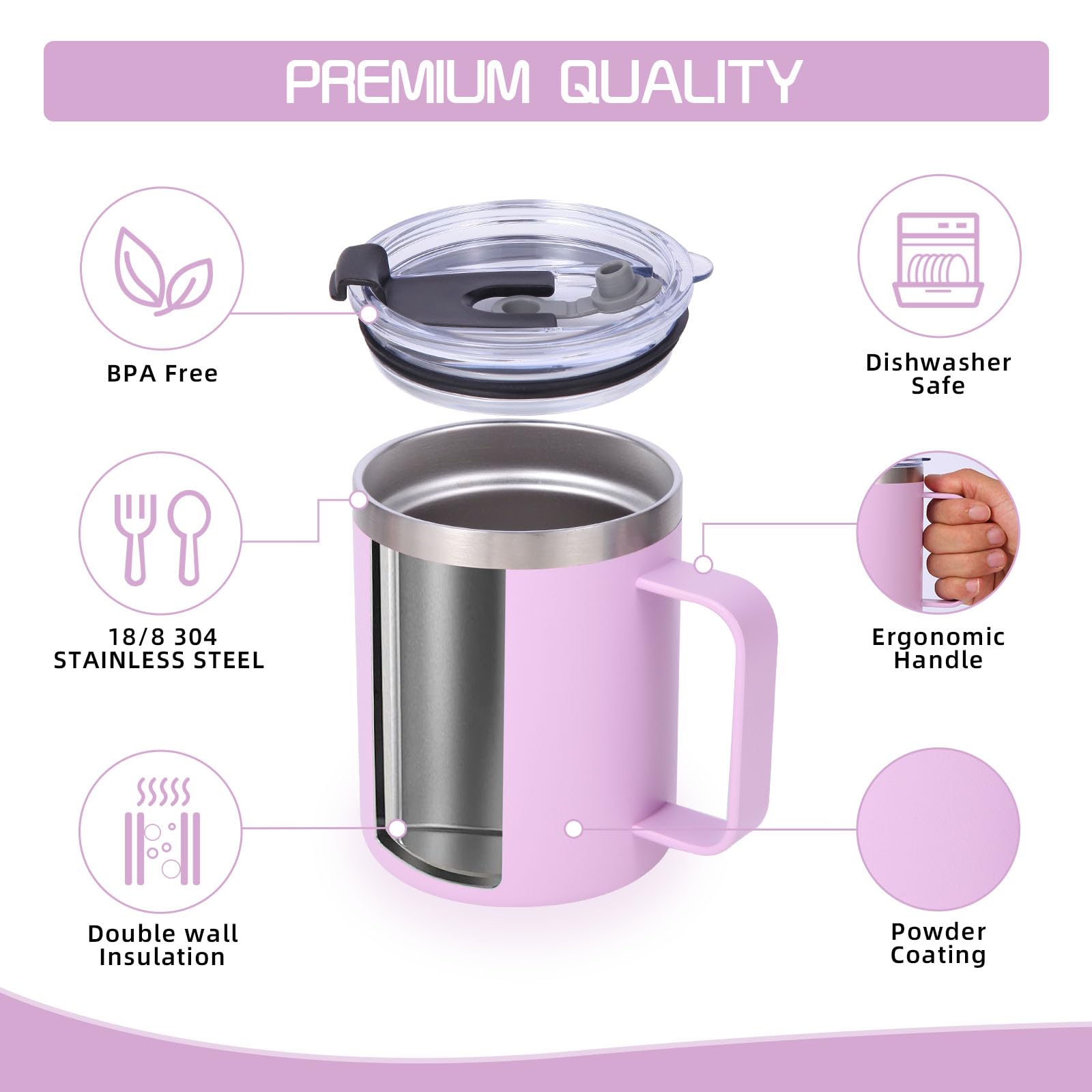 Volhoply 12oz Insulated Leakproof Coffee Mug with Sliding & Straw Lid,Double Wall Vacuum Stainless Steel Travel Cafe Tumbler Cup with Handle,Reusable Camping Mugs Keep Cold/Hot(Purple,1 Set) - Image 3